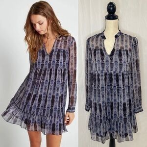 BCBGeneration Tiered Feather-Print Overlay Long Sleeve Dress